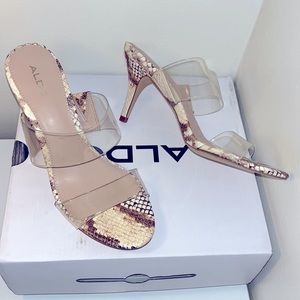 NIB Aldo TUDITH snake skin like heels w/ 2 clear straps. Size 7.5